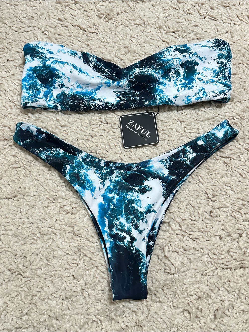NWT Marble Waves Bandeau Thong Bikini Set